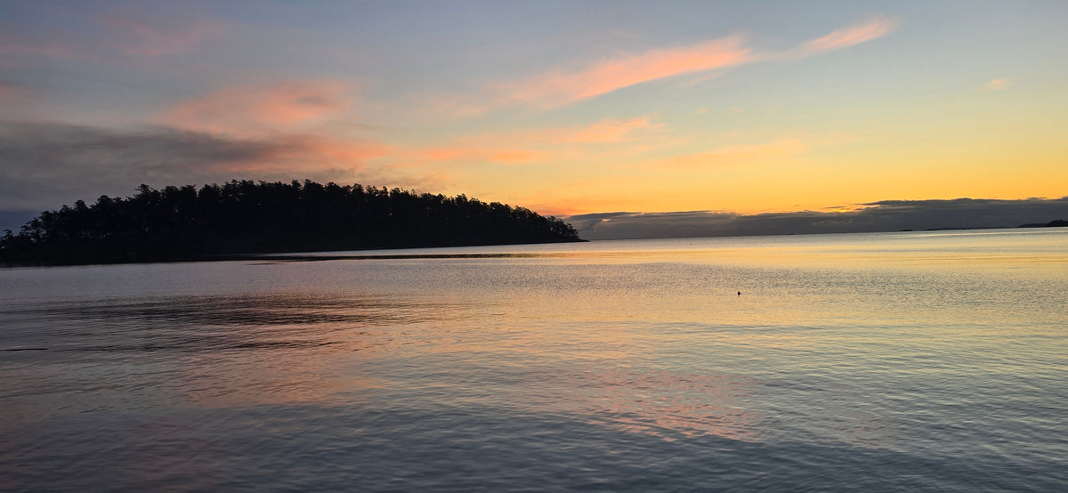 A scenic sunset over calm water with a dark tree-covered shoreline on the left and a soft gradient sky in blue, orange, and yellow tones. Mayne Island. 